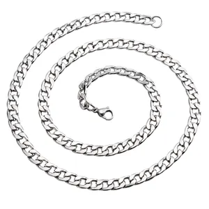 Polished silver titanium steel Cuban link chain necklace with lobster clasp