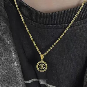 Golden titanium steel rope chain necklace with a vintage sun flower coin pendant
