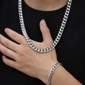 Polished silver stainless steel cuban link chain necklace and bracelet set for men