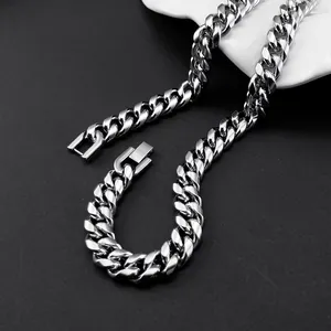 Polished silver cuban link chain necklace in stainless steel with square clasp closure