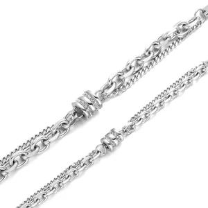 Double-layered silver titanium steel bracelet with pavé-set crystal barrel beads