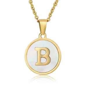 18k gold plated stainless steel necklace with shell inlay and letter B round pendant
