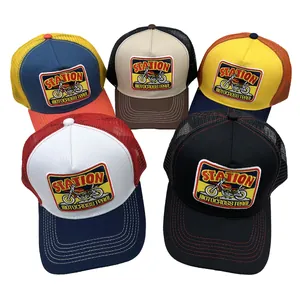 Casquette Trucker Vintage Broderie Moto Maille Respirante Couleur Contrastée Casquette de Baseball pour Hommes Femmes Pare-soleil de Plein Air Réglable