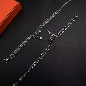 Bracelet Chaîne Hip Hop en Acier au Titane Avec Breloque Étoile et Pierre Précieuse Rectangulaire Enveloppée Bijoux Street Punk Gothique Pour Hommes Femmes