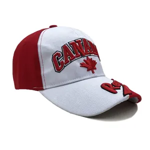 Berretto da baseball rosso e bianco con ricamo foglia d'acero Canada visto di lato