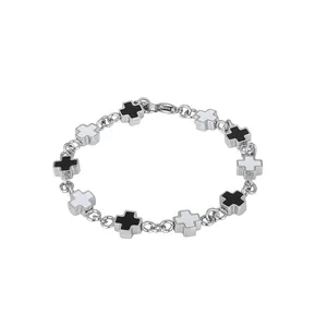 Minimalist stainless steel chain bracelet with black and white cross charms for men and women