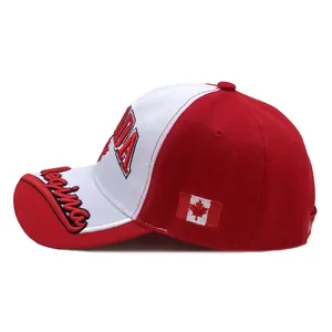 Cappellino da baseball con ricamo foglia d'acero canadese in cotone twill rosso e bianco