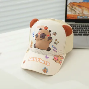 Detail of beige Capybara baseball cap with 3D plush ears and cute cartoon printing