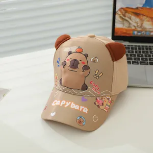 Kids khaki Capybara baseball cap with 3D plush ears and cute cartoon animal print