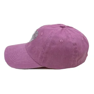 Purple washed cotton baseball cap with sparkling rhinestone heart design and breathable eyelets