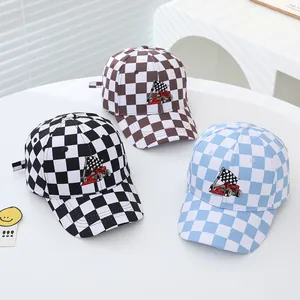 Kids Cotton Checkerboard Racing Car Baseball Cap Boys Girls Adjustable Sun Hat Embroidery Checkered Flag Sporty Peaked Cap