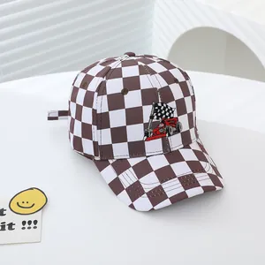 Kids racing baseball cap featuring a brown checkered pattern and red car embroidery