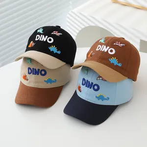 Kids baseball cap with Dino embroidery in four colors featuring cartoon dinosaur patterns