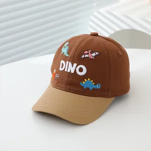 Two-tone kids baseball cap with Dino dinosaur embroidery and khaki brim for summer sun