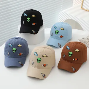 Cartoon alien spaceship embroidered kids baseball caps in five assorted colors