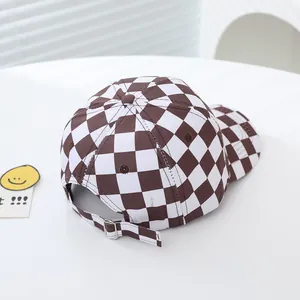 Kids racing style checkerboard baseball cap in dark brown with metal adjustable buckle