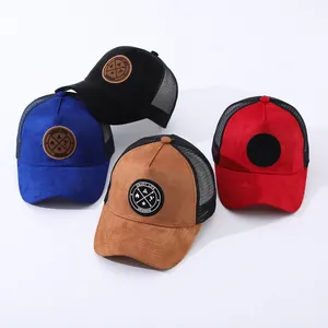 Suede mesh trucker caps in blue, black, brown, and red with Enjoy Life patch