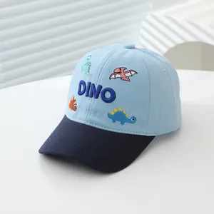 Kids' light blue DINO baseball cap with cartoon dinosaur embroidery and dark blue brim