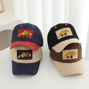 Kids baseball cap with excavator embroidery in four contrast color combinations