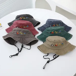 Cappelli alla pescatora per bambini in cotone con ricamo di mezzi pesanti e cordino regolabile