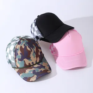 Mesh trucker hat collection with plaid patterns and decorative front rope detailing