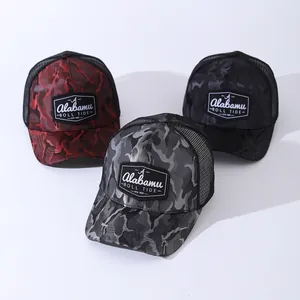 Three camouflage trucker hats with 'A' patch embroidery and breathable mesh back