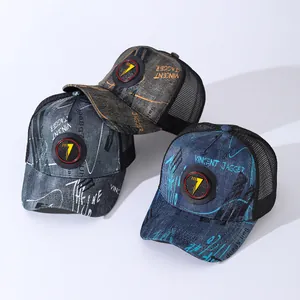 Graffiti Trucker Hat Men Women Number 7 Patch Mesh Baseball Cap Adjustable Vintage Streetwear Hip Hop Outdoor Summer Sun Cap