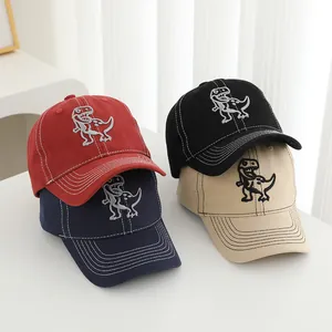 Kids baseball caps with T-Rex dinosaur embroidery in red, navy, black and beige