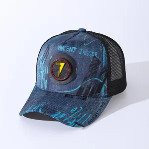 Navy blue denim trucker hat with yellow number 7 patch and black breathable mesh back
