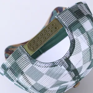 Army green mesh trucker hat with snapback closure and camouflage brim design