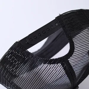Black mesh trucker hat with adjustable snapback closure for a breathable custom fit