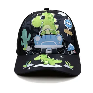 Kids black baseball cap with cartoon dinosaur and car print for summer sun protection
