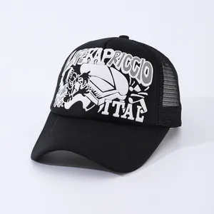 Unisex black trucker hat with piano graphic and Capriccio embroidery on white background