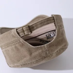 Vintage washed khaki flat top military cap with adjustable bronze metal buckle back