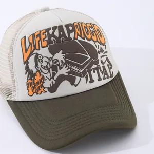 Retro trucker hat with piano print and mesh back in off-white and olive green colors