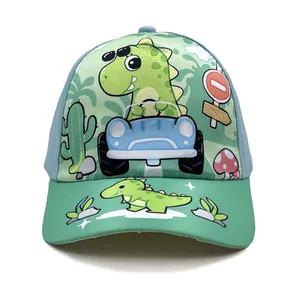 Detailed close-up of cartoon dinosaur driving a car print on a kids baseball cap