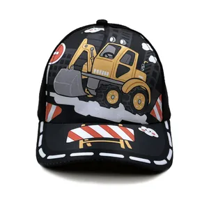 Kinder-Baseballkappe in Schwarz mit Bagger-Cartoon-Druck und breiter flacher Krempe