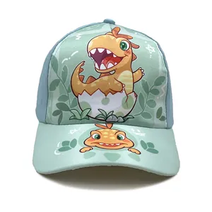 Detailed view of kids dinosaur baseball cap with cartoon egg hatching print on cotton fabric