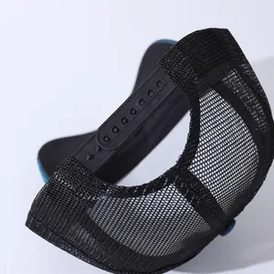 Rear view of black breathable mesh trucker hat with adjustable snapback closure