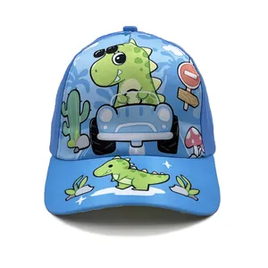 Detailed view of kids blue baseball cap featuring colorful cartoon dinosaur prints