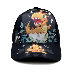 Black kids baseball cap with cute cartoon dinosaur hatching from egg print design