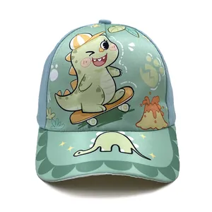Kids baseball cap featuring a cute cartoon dinosaur on skateboard in green and blue