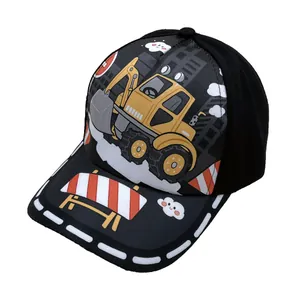 Schwarze Kinder-Baseballkappe mit gelbem Bagger-Cartoon-Print und breitem Sonnenschutz