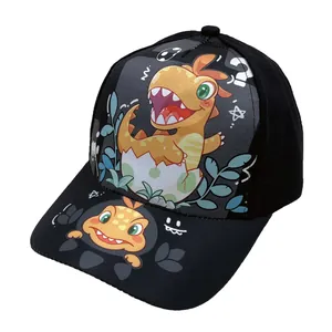 Kids black baseball cap featuring a cute cartoon dinosaur hatching from an egg print