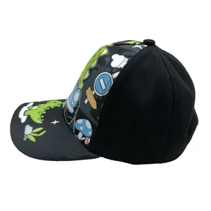 Kids black baseball cap featuring cartoon dinosaur prints and a classic curved brim
