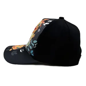Kids black baseball cap with colorful cartoon dinosaur print and wide sun-shielding brim