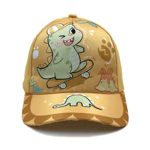 Yellow kids baseball cap with cartoon dinosaur on skateboard and flat brim design
