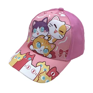 Pink baseball cap for kids with cute cartoon cat patterns and a wide brim for sun protection