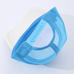 Rear view of light blue trucker hat with white brim showing adjustable snapback closure