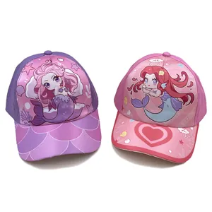 Kids Mermaid Cartoon Baseball Cap Polyester Sun Protection Adjustable Outdoor Sun Hat For Girls Toddler Pink Purple